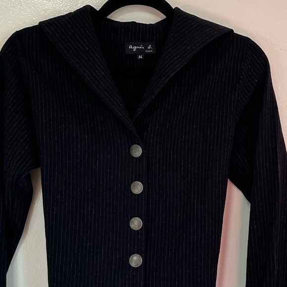 Agnes B Wool Blend Navy Pinstripe Snap Front Sweater, Tie Waist, US Size 4 - Picture 3 of 11